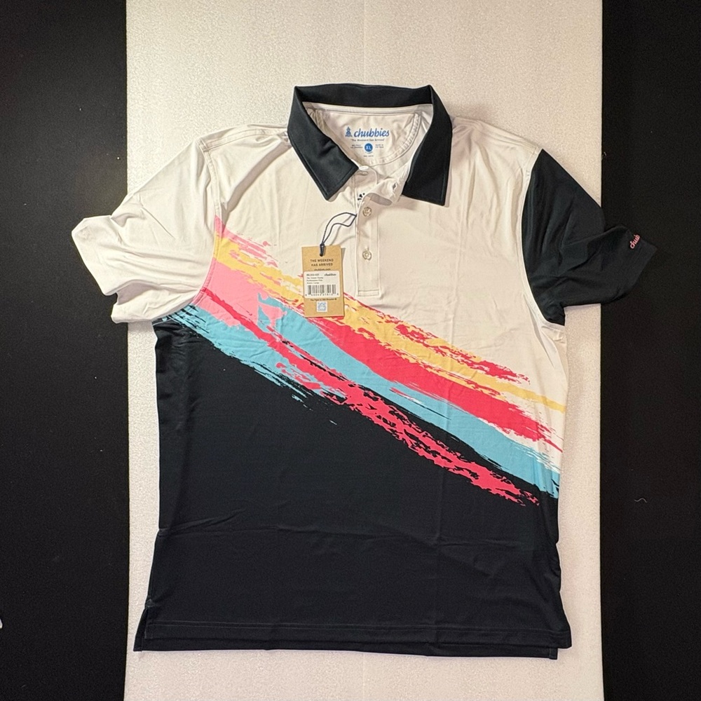 Chubbies White and Black Polo Shirt with Retro Stripes. NWT.  Size XL.